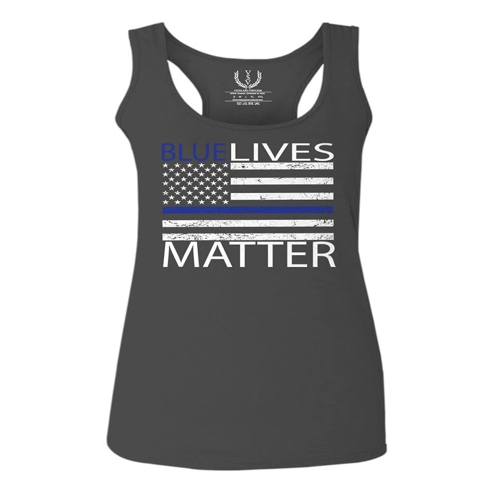0181. Blue Lives Matter American Flag Thin Blue Line USA Police Support Patriotic Style Women's Tank Top Racerback (Characol, Large)