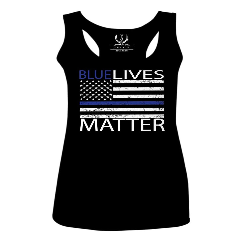 0181. Blue Lives Matter American Flag Thin Blue Line USA Police Support Patriotic Style Women's Tank Top Racerback (Black, Large)