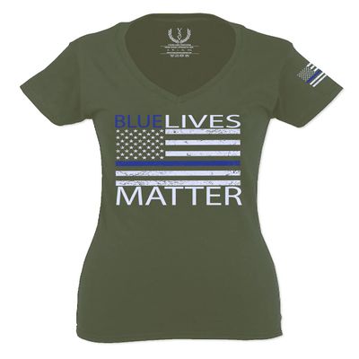 0181. Blue Lives Matter American Flag Thin Blue Line USA Police Support Patriotic Style for Women V Neck Fitted T Shirt (Black, X-Large)