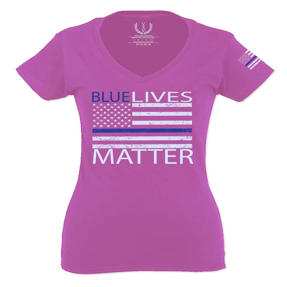 0181. Blue Lives Matter American Flag Thin Blue Line USA Police Support Patriotic Style for Women V Neck Fitted T Shirt (Pink Large)