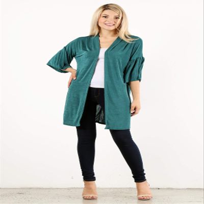 (ja140) Knit, Long Body Cardigan in a Loose fit with an Open Front and Short Bell Sleeves with Gathered Details. (S, Teal)