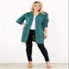 (ja140) Knit, Long Body Cardigan in a Loose fit with an Open Front and Short Bell Sleeves with Gathered Details. (S, Teal) view 1