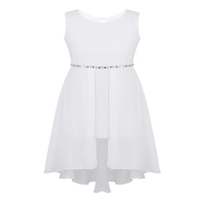 Agoky Girl's Chiffon Rhinestone Waist High-Low Hem Dress Party Pageant Wedding Flower Girl Dress White Sparkly 13-14
