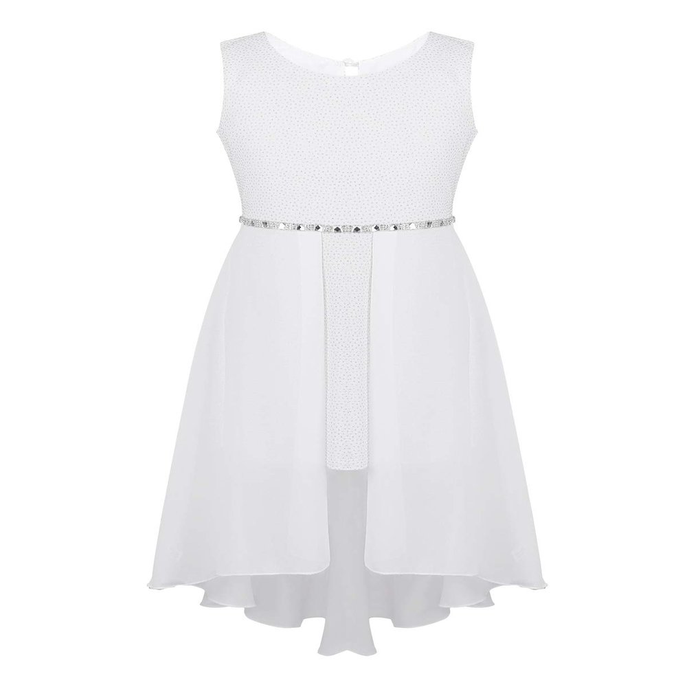 Agoky Girl's Chiffon Rhinestone Waist High-Low Hem Dress Party Pageant Wedding Flower Girl Dress White Sparkly 13-14