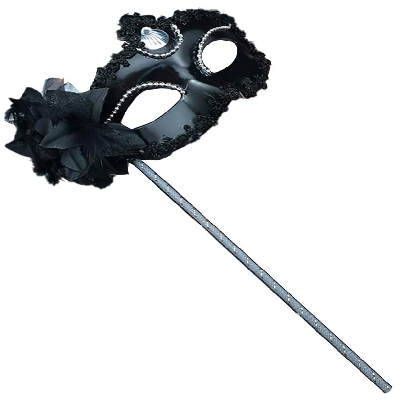AZYOUNG Woman's Christmas Halloween Black White Feather Flower Glossy Crown Masquerade Mask on Stick (Black1)
