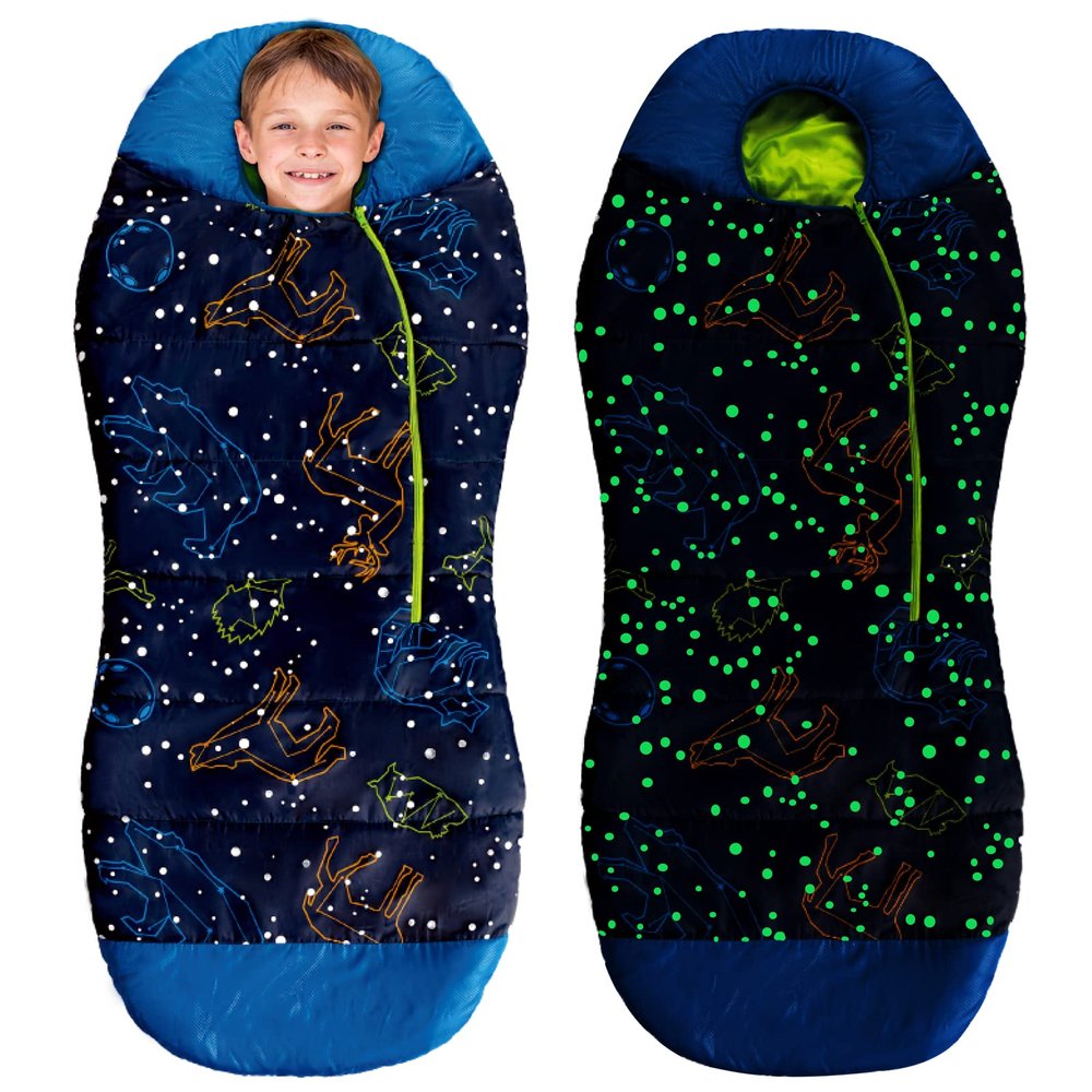 AceCamp Glow in The Dark Mummy Sleeping Bag for Kids and Youth, Temperature Rating 30F/-1C, Water-Resistant for Camping, Hiking, and Slumber Party (Blue, Youth)