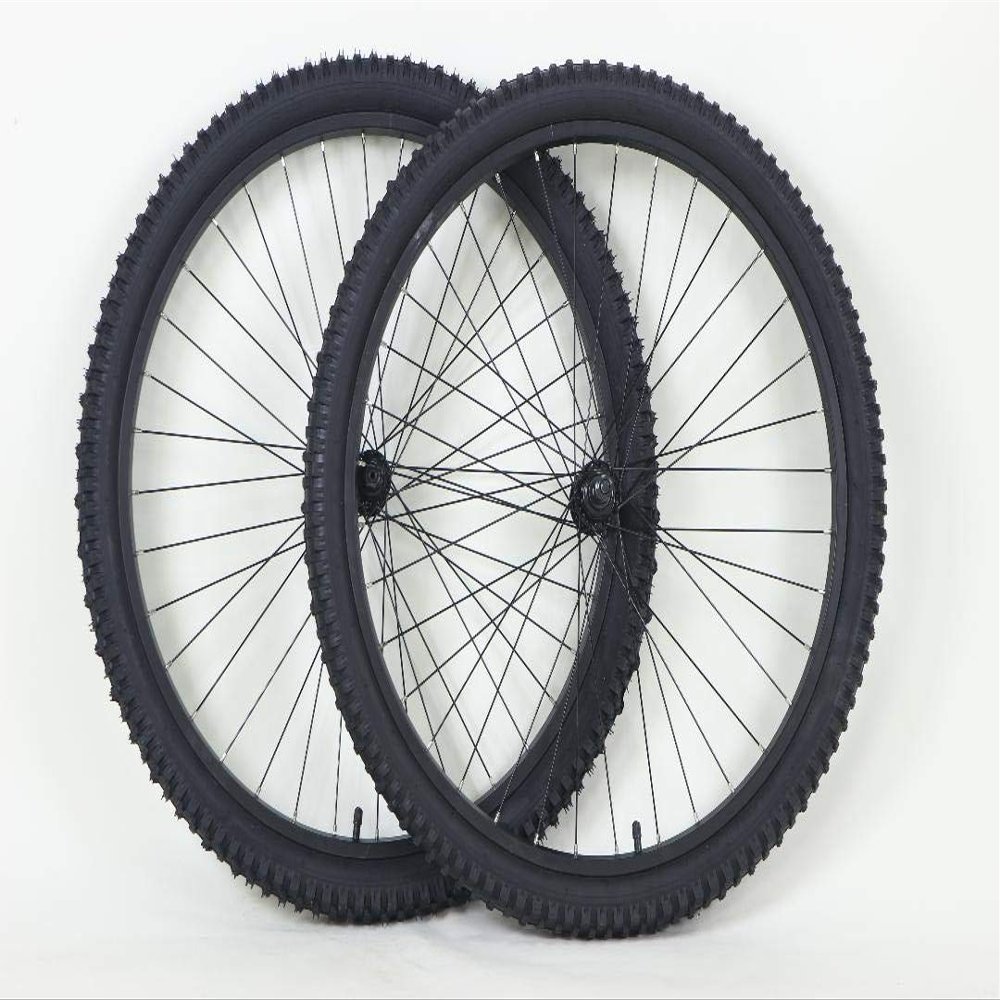 26 inch Mountain Bike Bicycle Wheels for Threaded Spin On Freewheel for Rim Brakes with 26 X 2.1 Tires and Tubes Black
