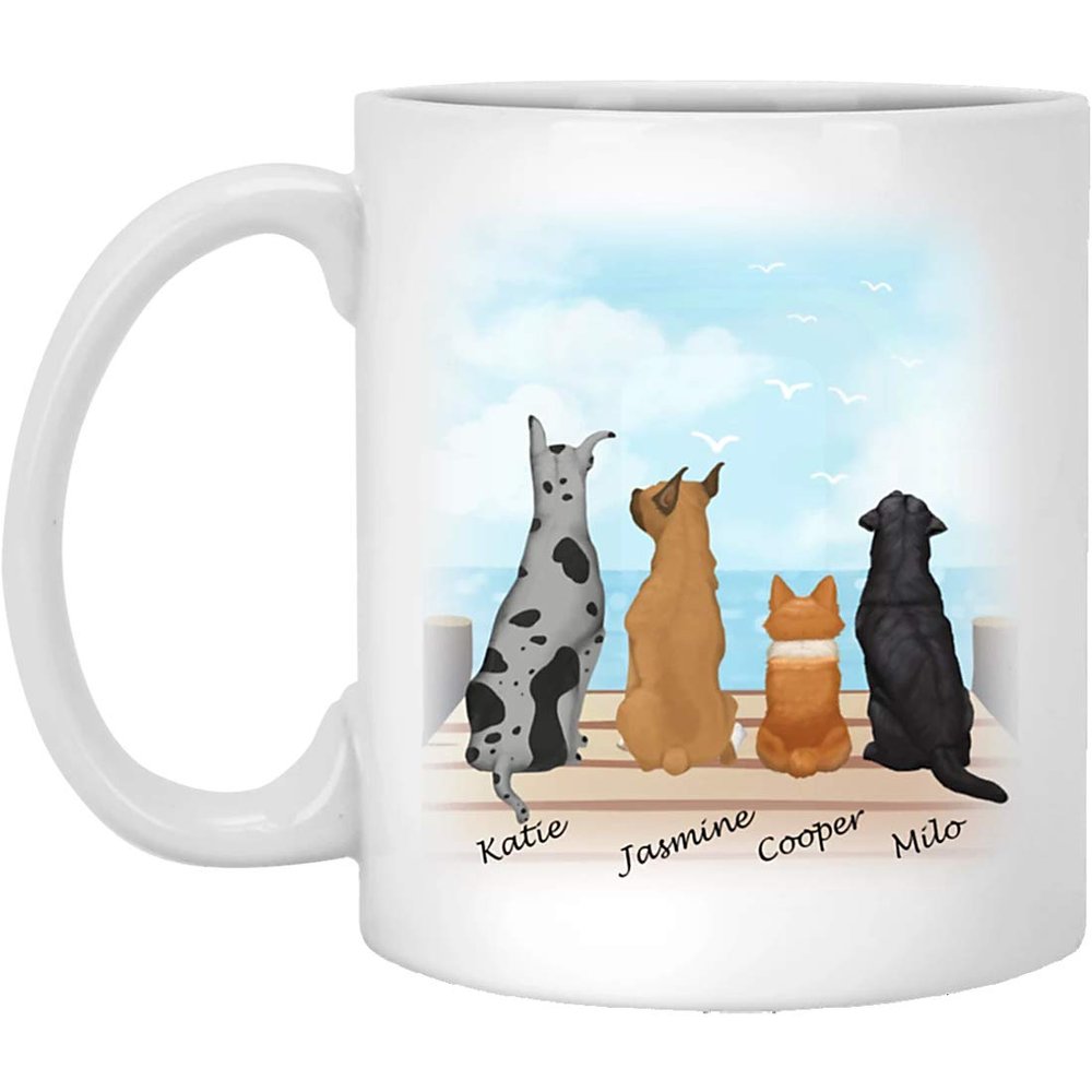 Dog Mug Personalized for Dog Mom, Dog Dad. Custom with Any Dog Breed, Pet Name & Picture. Gift Idea For Dog Lovers, Pet Memorial Coffee Cup on Birthday Christmas Father day (4 Dogs, SeaView)