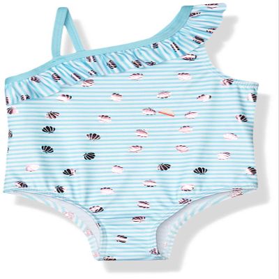 Pink Platinum Baby Girl's Shell Stripe One Shoulder Swimsuit Swimwear, Blue Fish, 24M