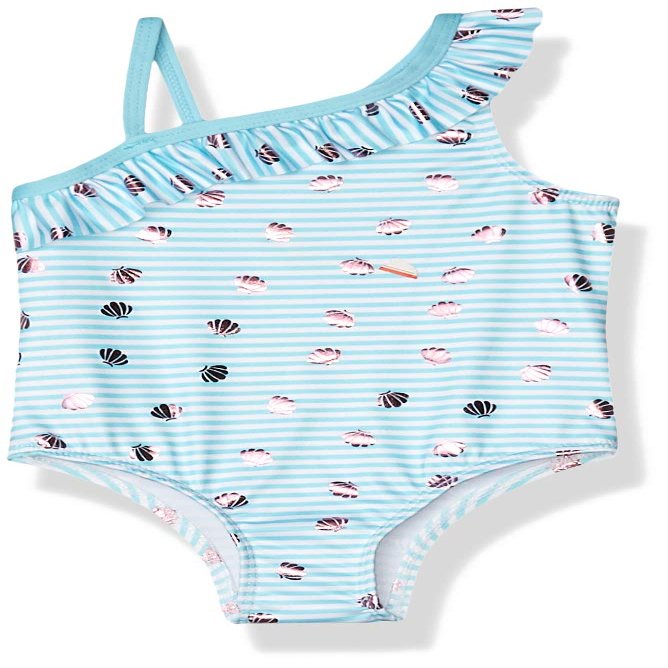 Pink Platinum Baby Girl's Shell Stripe One Shoulder Swimsuit Swimwear, Blue Fish, 24M