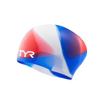 TYR Unisex Child Tie Dye Long Hair Silicone Youth Swim Cap, Red White Blue