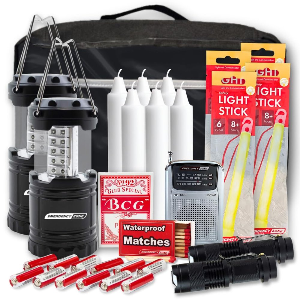 Emergency Zone Power Outage Emergency Kit - Deluxe | Power Outage Essentials w/Emergency Light for Hurricane Prep, Tornado Emergency Kit, Etc | Power-Loss Ready Emergency Supplies for The Dark