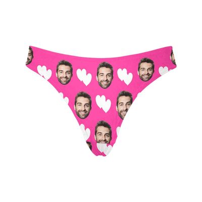 Custom Personalized Photo Printed Face White Love Heart Pink Novelty Women's Thong G-Strings Briefs Shorts XXL