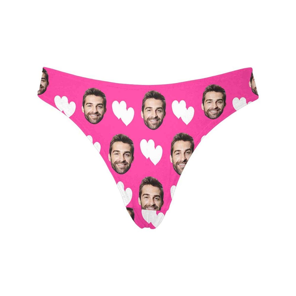 Custom Personalized Photo Printed Face White Love Heart Pink Novelty Women's Thong G-Strings Briefs Shorts XXL