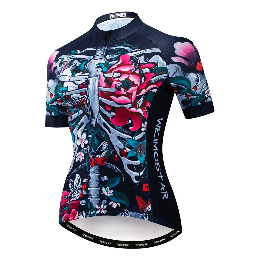 Cycling Jersey Women Short Sleeve Road Bike Shirt Top Ladies Cycle Wear Jacket MTB Pro Bicycle Clothing Skeleton Flowers Size L
