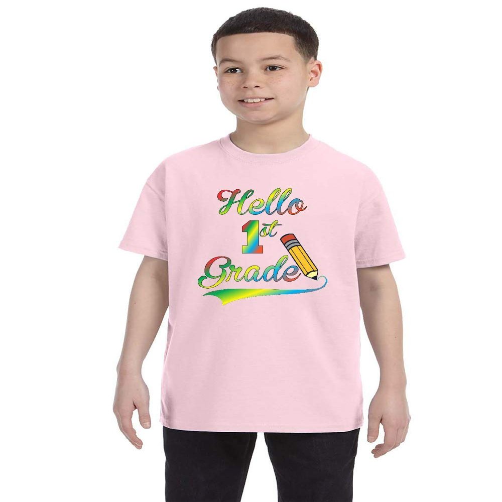 ALLNTRENDS Kids Youth T Shirt Hello 1st Grade Back to School Tee Cute Pencil (L, Classic Pink)