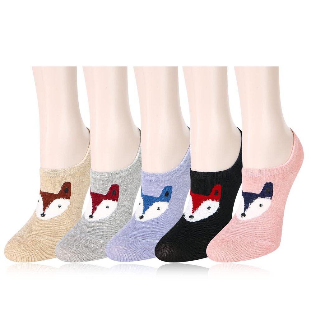 Benefeet Womens Novelty Funny No Show Socks - Non Slip, Cute Fox Face, Low Cut, Animal Patterned Cotton Socks - Colorful, Cartoon, Silly, Cool, Boat Line Christmas Gifts for Fox Lover