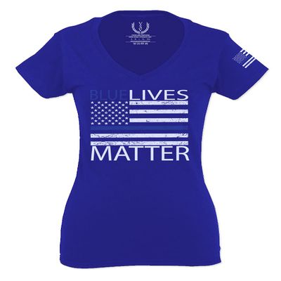 0181. Blue Lives Matter American Flag Thin Blue Line USA Police Support Patriotic Style for Women V Neck Fitted T Shirt (Royal Large)