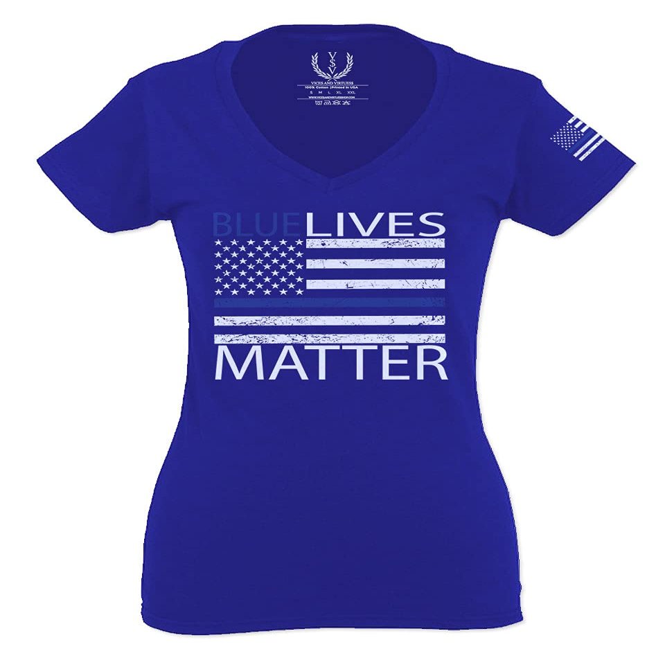 0181. Blue Lives Matter American Flag Thin Blue Line USA Police Support Patriotic Style for Women V Neck Fitted T Shirt (Royal Large)