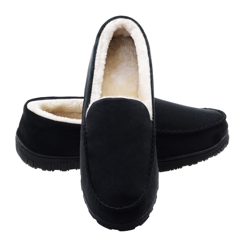 Lulex Mens Moccasin Slippers Plush Indoor Outdoor House Bedroom Shoes with Soft Memory Foam Black 11 M US