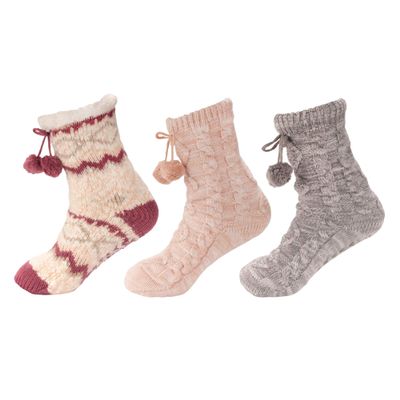 BambooMN Thick Soft Warm Fuzzy Cabin Thermal Fleece-lined Non-skid Crew Socks, Asst B 3 Pairs