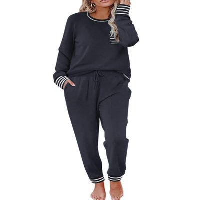Ekouaer Pajamas Women's Long Sleeve Pj Set Soft 2 Piece Loungewear Sleepwear with Jogger Pants Navy Blue,S
