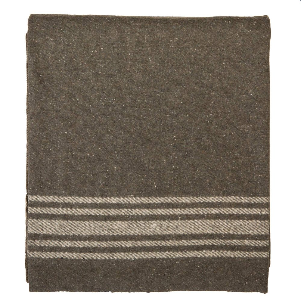 Farm Blue Wool Blanket Military Style - Thick & Lightweight Army Camping Blankets 80"x62" - Large Camp Survival Blankets - Car, Hiking, Backpacking & Festivals (French Olive with a Light Tan Stripe)