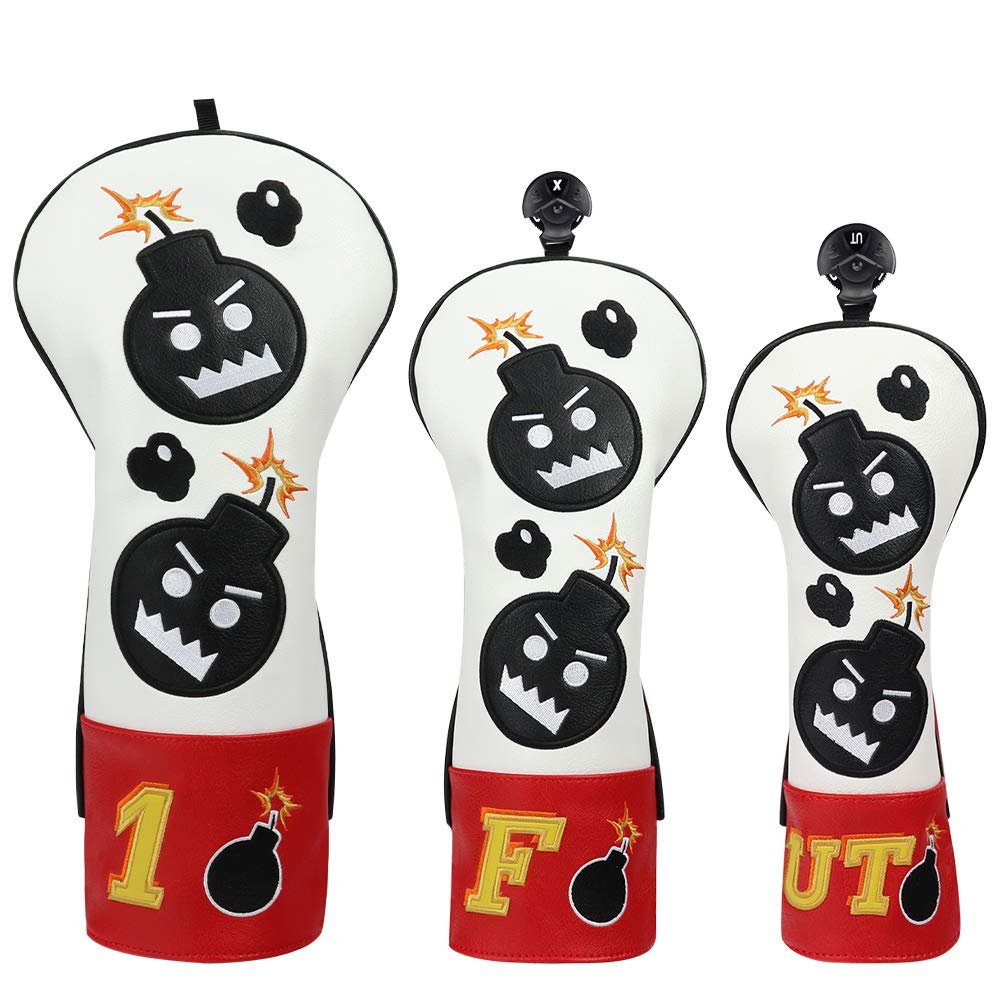 CRAFTSMAN GOLF Driver Headcover Embroidery Bomb, Red and White PU Leather Golf Head Covers Driver Fairway Wood Hybrid (3pcs(1,F,UT))