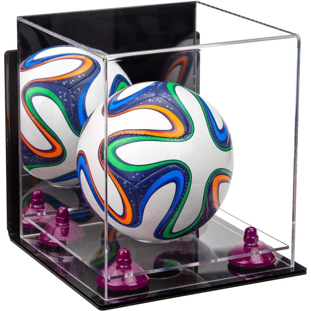 Better Display Cases Acrylic Mini - Miniature (not Full Size) Soccer Ball Display Case with Mirror Case, Purple Risers, Wall Mount and Clear Base (B03/A015)