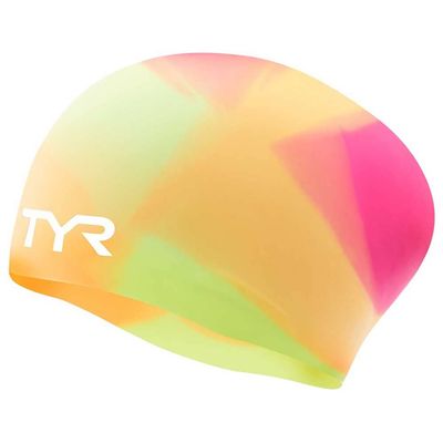TYR Tie Dye Long Hair Silicone Swim Cap Youth, Pink Yellow Orange, NA