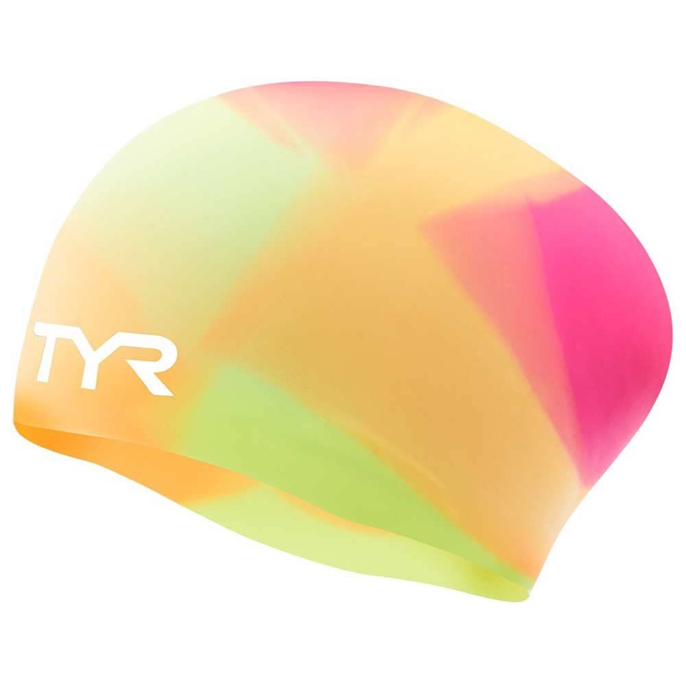TYR Tie Dye Long Hair Silicone Swim Cap Youth, Pink Yellow Orange, NA