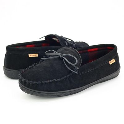 PAMIR Men's Genuine suede Fleece Moccasin Slippers Indoor Outdoor Slip on Driving Loafer Shoes Black 8 M US