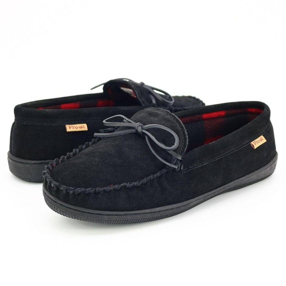 PAMIR Men's Genuine suede Fleece Moccasin Slippers Indoor Outdoor Slip on Driving Loafer Shoes Black 8 M US