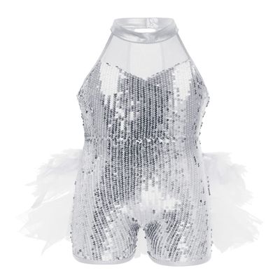 renvena Kids Girls Sleeveless Mock Neck Sequins Mesh Splice Leotard Ballet Jazz Latin Dance Jumpsuit Bodysuit White 7-8