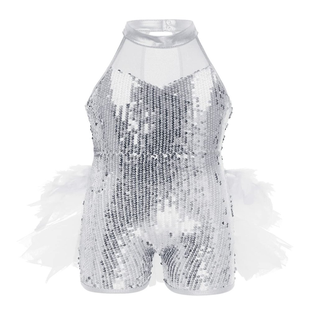 renvena Kids Girls Sleeveless Mock Neck Sequins Mesh Splice Leotard Ballet Jazz Latin Dance Jumpsuit Bodysuit White 7-8