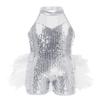 renvena Kids Girls Sleeveless Mock Neck Sequins Mesh Splice Leotard Ballet Jazz Latin Dance Jumpsuit Bodysuit White 7-8 view 1
