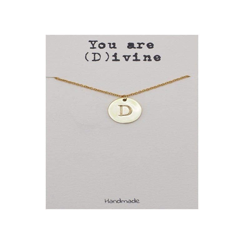 QUINNLYN & CO. Round Pendant Initial Necklace for Women with Personalized Greeting Card, Gifts for Her in Gold Tone (Initial D)