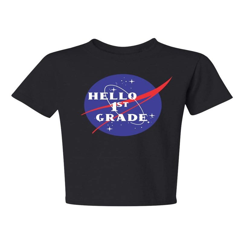 ALLNTRENDS Kids Youth T Shirt Hello 1st Grade Back to School Tee Cool Space (S, Black)