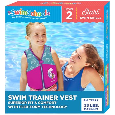 SwimSchool Swim Trainer Vest  Small/Medium Max 33 Pounds  Kids Swim Vest with Padded Shoulders  Comfortable Flex-Form-Fit Design with Adjustable Safety Strap  Pink/Aqua