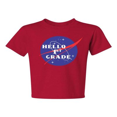 ALLNTRENDS Kids Youth T Shirt Hello 1st Grade Back to School Tee Cool Space (M, Red)