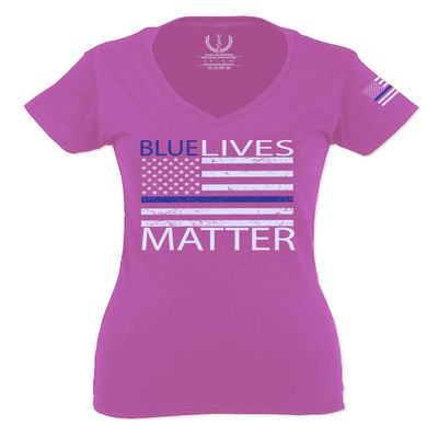 0181. Blue Lives Matter American Flag Thin Blue Line USA Police Support Patriotic Style for Women V Neck Fitted T Shirt (Pink Medium)