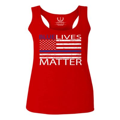 0181. Blue Lives Matter American Flag Thin Blue Line USA Police Support Patriotic Style Women's Tank Top Racerback (Red, Large)