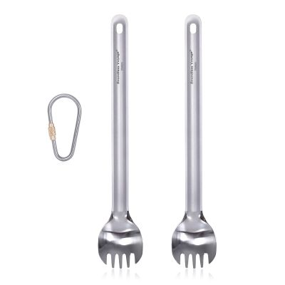 iBasingo Titanium Long Handle Spoon with Polished Bowl Outdoor Camping Spoon with Straight Handle Ultralight Cutlery Camp Eating Utensils (Ti1032T (spork*2))