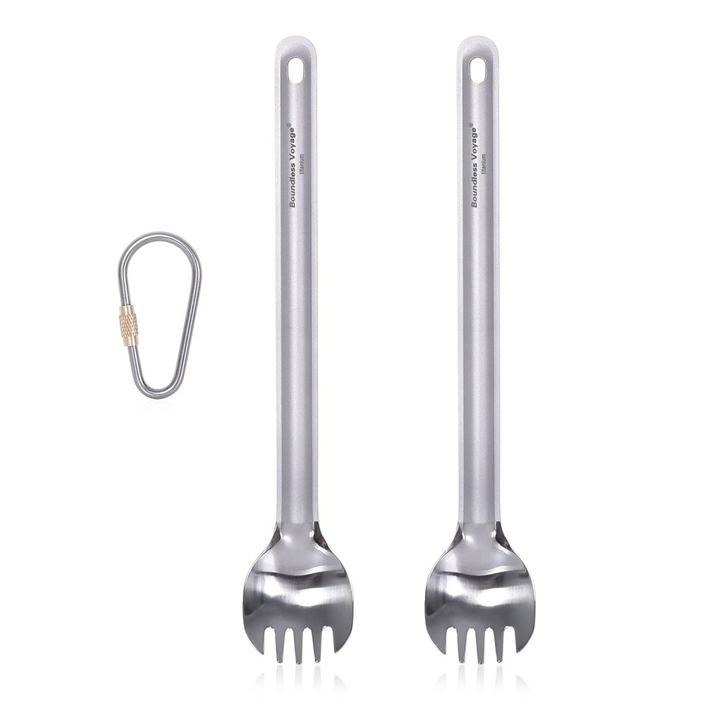 iBasingo Titanium Long Handle Spoon with Polished Bowl Outdoor Camping Spoon with Straight Handle Ultralight Cutlery Camp Eating Utensils (Ti1032T (spork*2))