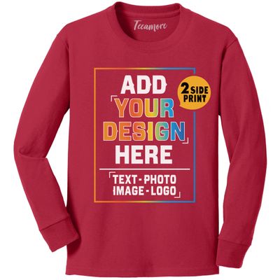 TEEAMORE Custom Youth Long Sleeve Shirt Add Your Own Image Photo Design Personalized Text Red
