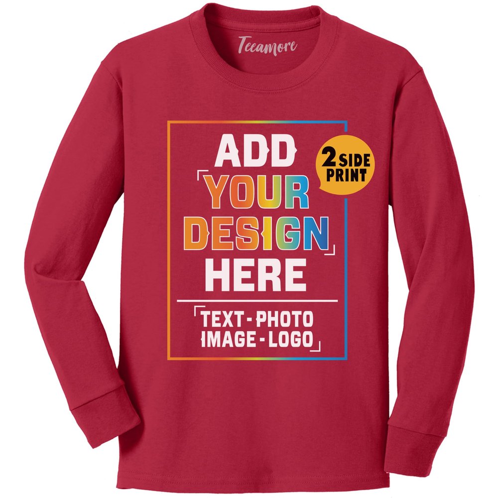 TEEAMORE Custom Youth Long Sleeve Shirt Add Your Own Image Photo Design Personalized Text Red