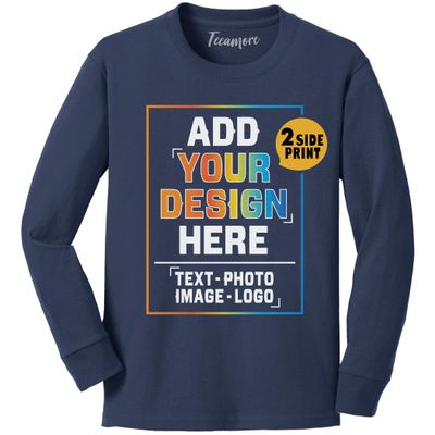 TEEAMORE Custom Youth Long Sleeve Shirt Add Your Own Image Photo Design Personalized Text Navy