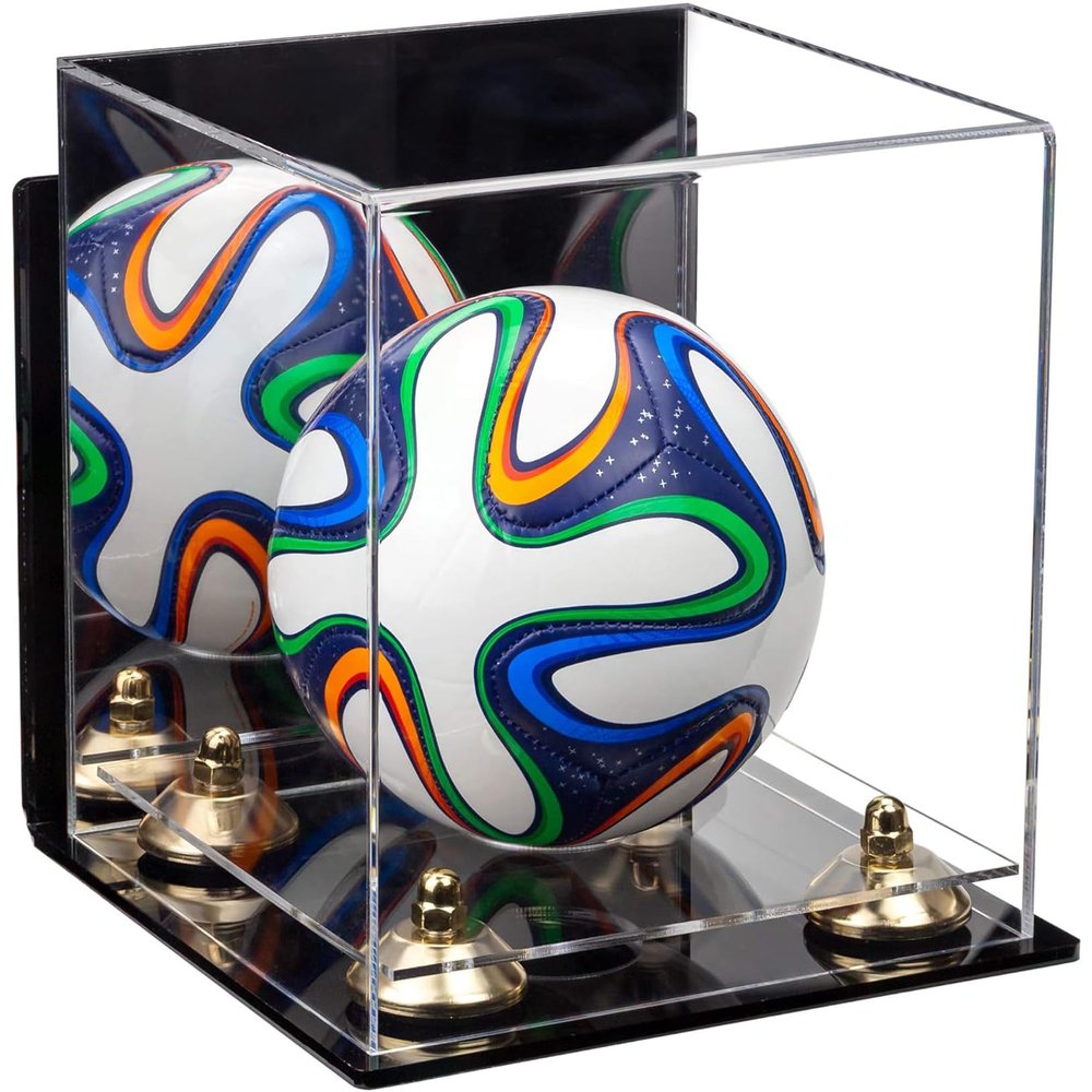 Better Display Cases Acrylic Mini - Miniature (not Full Size) Soccer Ball Display Case with Mirror Case, Gold Risers, Wall Mount and Clear Base (B03/A015)