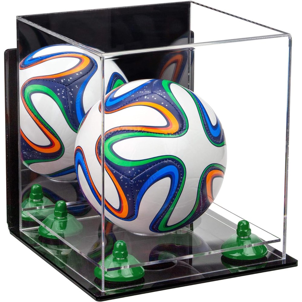 Better Display Cases Acrylic Mini - Miniature (not Full Size) Soccer Ball Display Case with Mirror Case, Green Risers, Wall Mount and Clear Base (B03/A015)