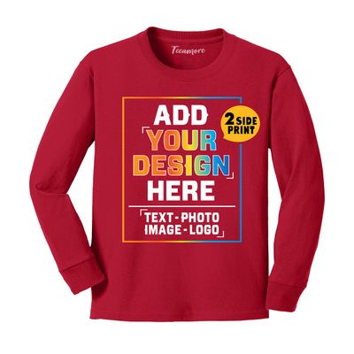 Custom Youth Long Sleeve Shirt Add Your Own Image Photo Text Front Back Side Red